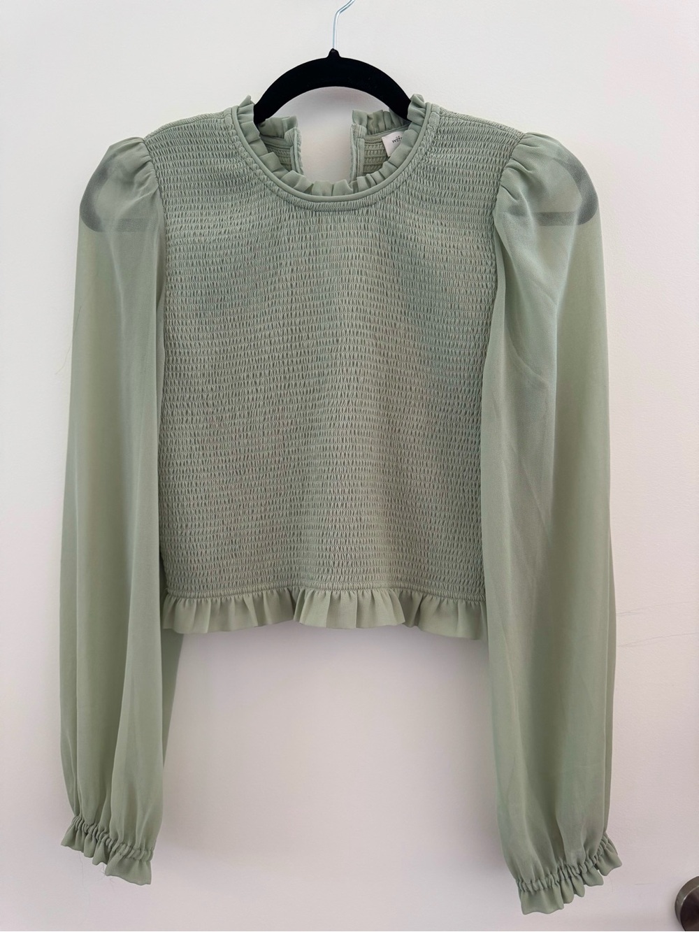 Wilfred Aritzia Sage Green Smocked Ruffle Blouse